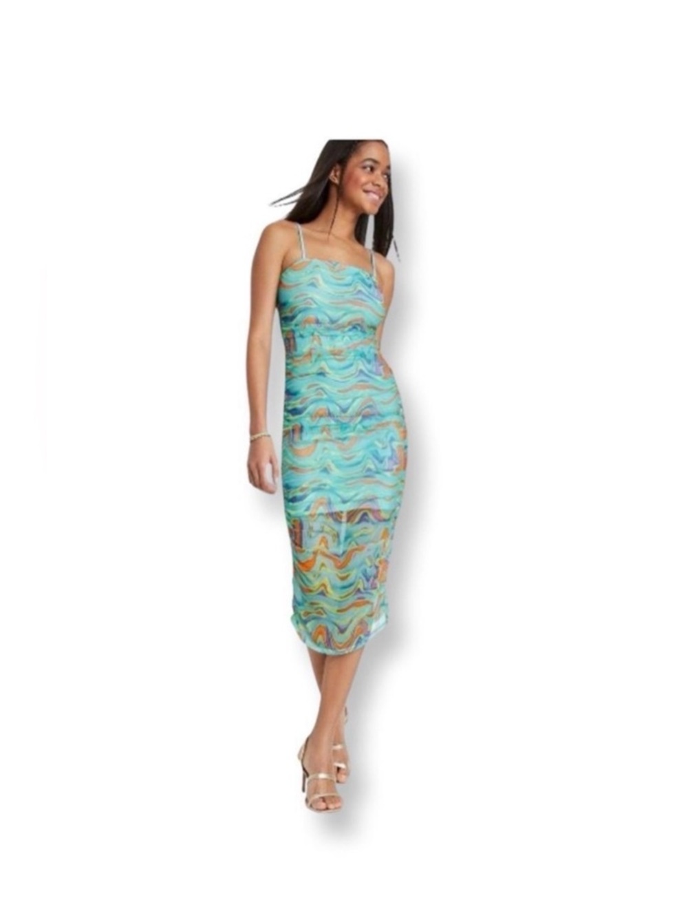 wild fable Aqua & Teal Wave-Print Midi Slip Dress
